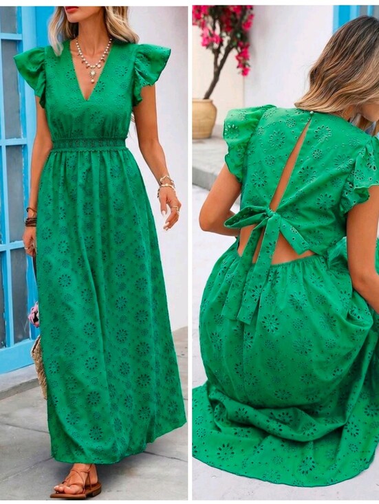 Boutique Dresses & Skirts - New Embroidered Eyelet Lace Ruffle Sleeve Tie Back Maxi Dress Green
